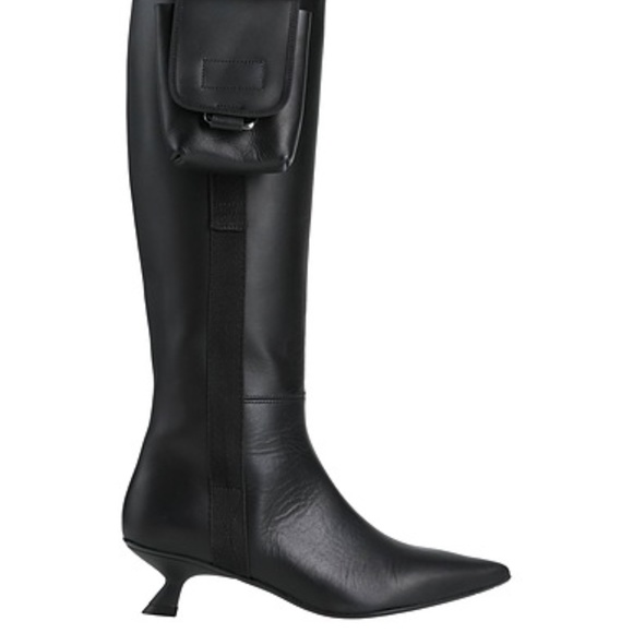 Knee length leather kitten heel boots